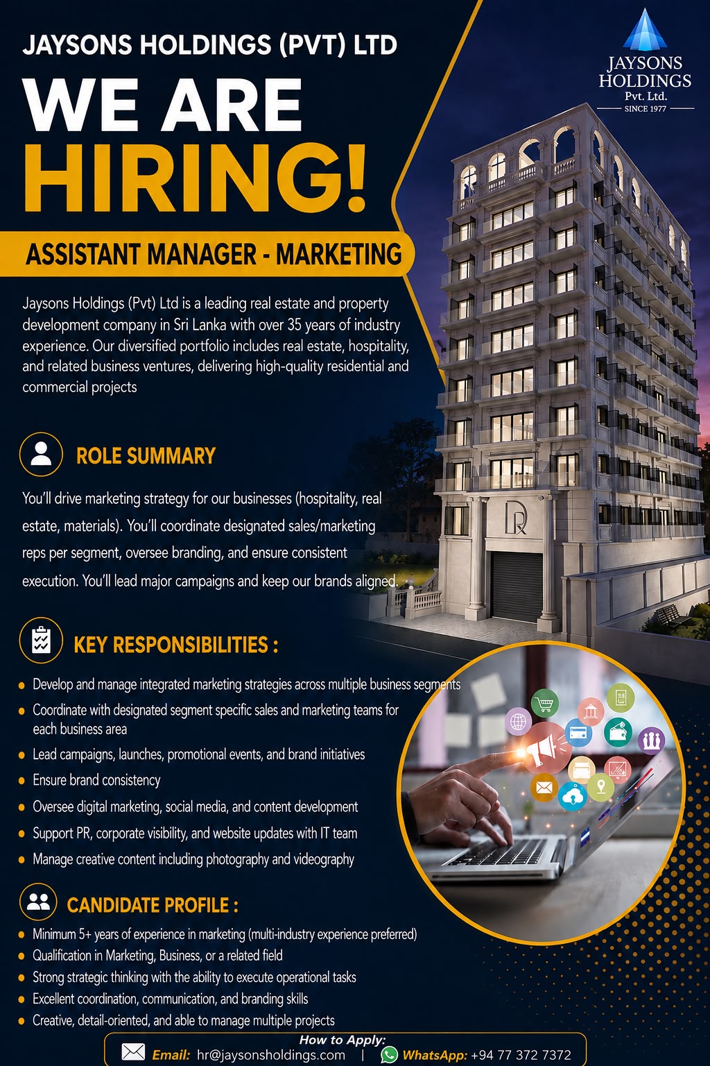 We Are Hiring — Marketing & Brand Coordinator (Multi Industry) — Jaysons Holdings (Pvt) Ltd